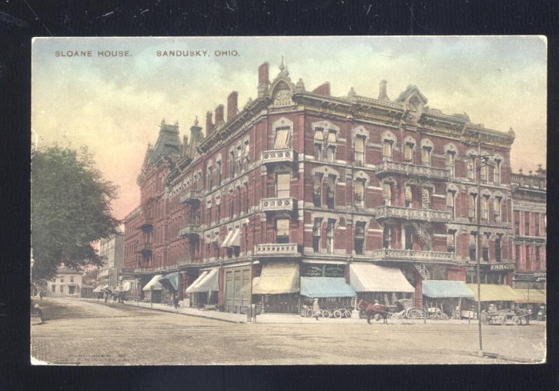 SANDUSKY OHIO DOWNTOWN STREET SCENE SLOANE HOUSE ANTIQUE VINTAGE POSTCARD