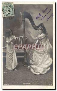 Postcard Old Child Harp Woman