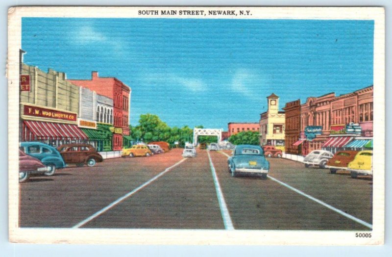 NEWARK, New York NY ~ SOUTH MAIN STREET Scene c1940s Wayne County Linen Postcard 