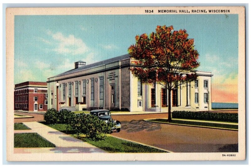 View Of Memorial Hall Car Exterior Scene Racine Wisconsin WI Vintage Postcard 