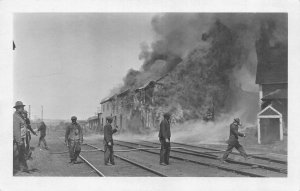 RPPC,  STREET SCENE~BUILDING ON FIRE  Men~Firemen RR Tracks  ca1910's Postcard