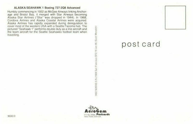 Alaska Seahawk Boeing 727 2Q8 Advanced Aircraft Postcard-