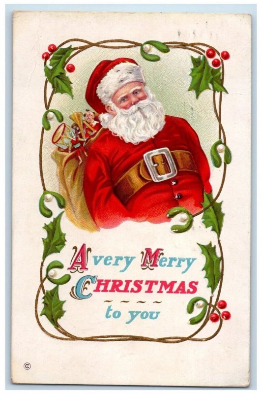 1913 Christmas Santa Claus Sack Of Toy Berries Embossed Paterson NJ Postcard