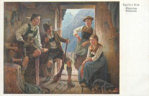 Artist postcard Maximilian Wachsmuth - On the Alm hunter with women dog hunting 
