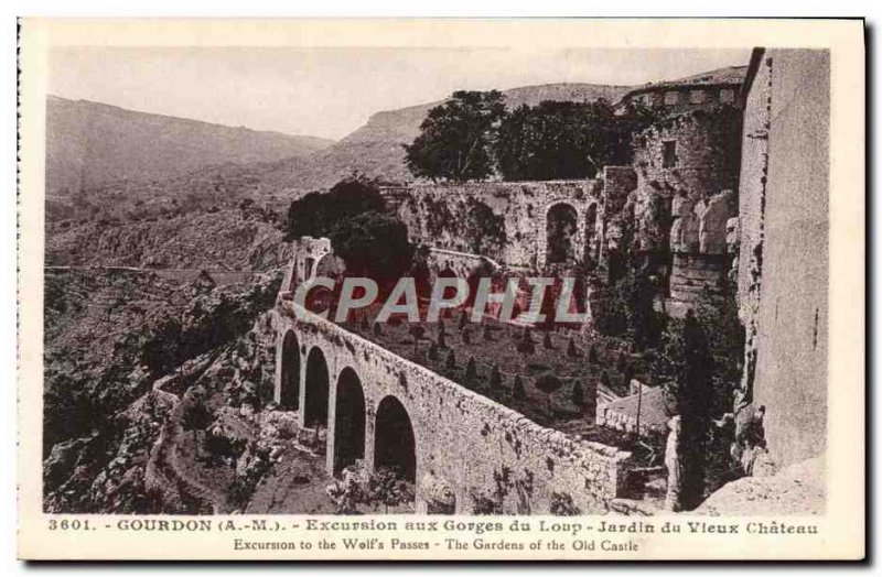 Old Postcard Gourdon Gorges Excursion In the old castle garden