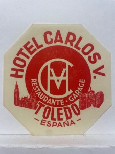 Hotel Carlos V Luggage Label Toledo Spain Mid-Century Steamer Trunk Ephemera