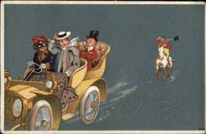 Romance Man on Horse Chases Pretty Women in Car c1910 Vintage Postcard