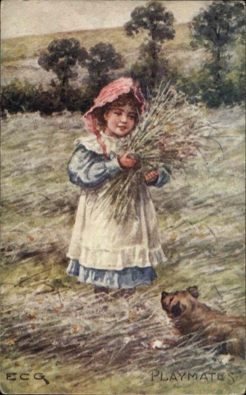 ECG Cute Kids Adorable Little Girl with Dog Playmates c1910 Vintage Postcard