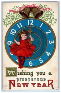 1909 New Year Girl Clock Midnight Holly Bells Ribbon Embossed Dayton OH Postcard 