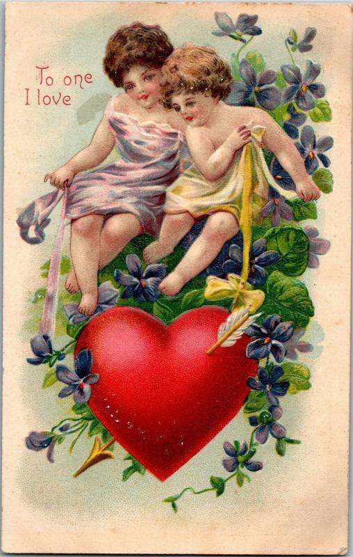 To One I Love, Cherubs with Heart Arrow c1908 Vintage Postcard Y10