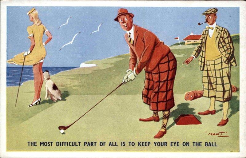 Men Playing Golf Windy Day Woman's Dress Blows Up EYE ON THE BALL