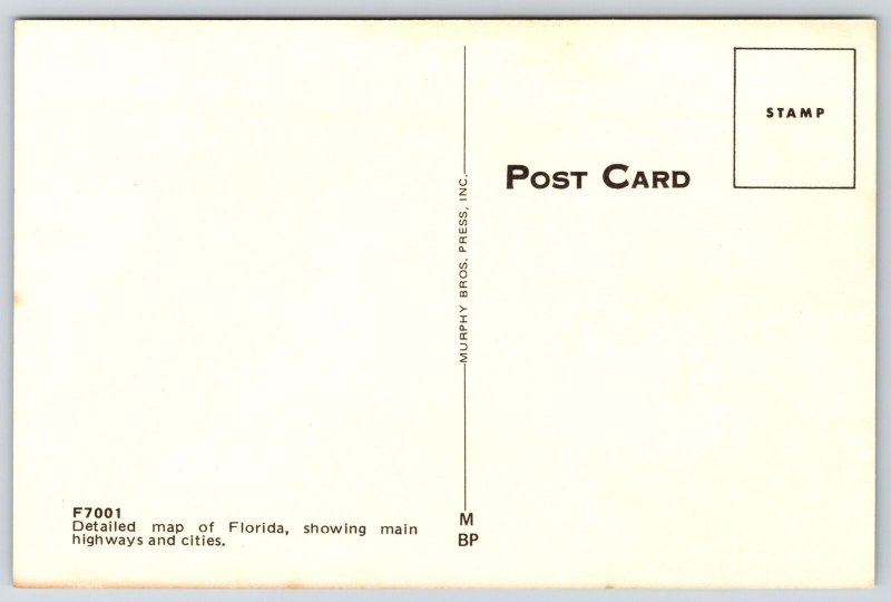 Detailed Map Florida Showing Main Highways & Cities The Sunshine State Postcard 