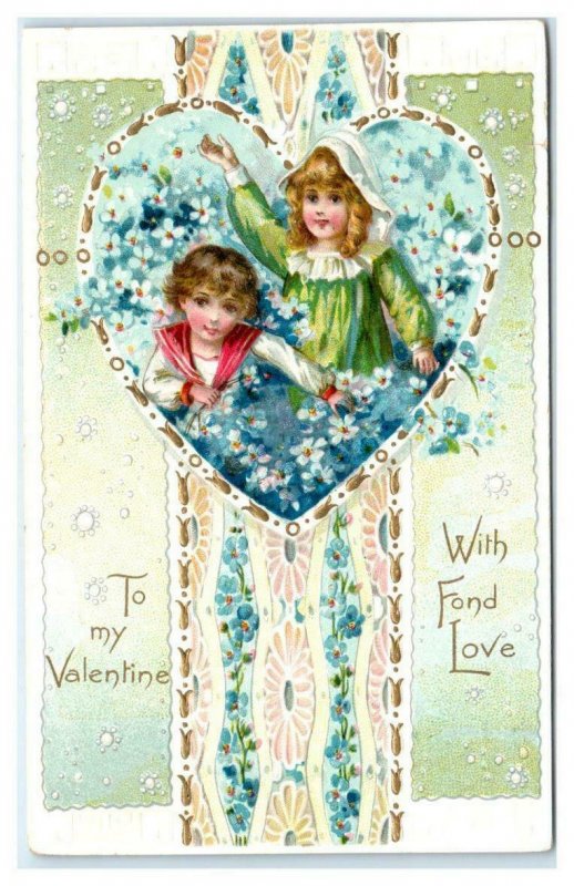 Beautiful TUCK VALENTINE ~ Cute KIDS in HEART 1908  Embossed  Postcard
