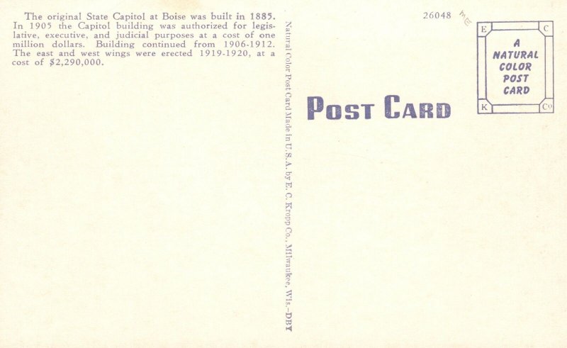Vintage Postcard Building State Capitol Boise Idaho ID By EC Kropp Co.