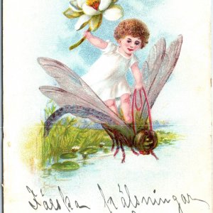 c1910s Cute Redhead Girl Flying on Dragonfly Postcard Riding Insect Airplane A80