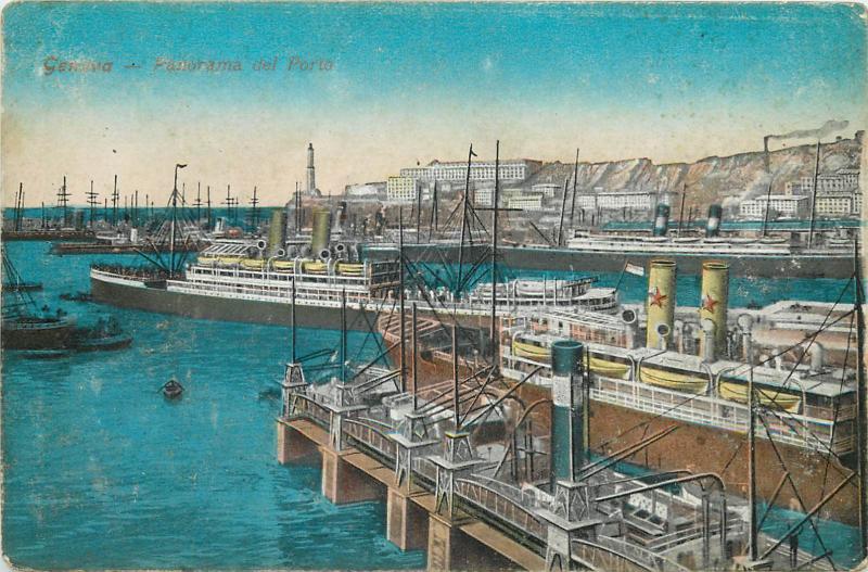 Ships Genovese harbour vintage postcard Italy