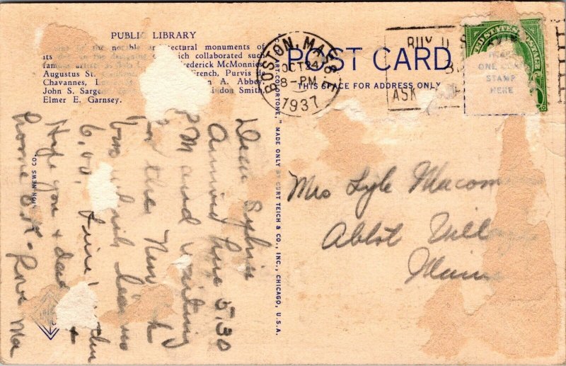Vtg Boston Massachusetts MA Public Library 1930s Old Linen View Postcard