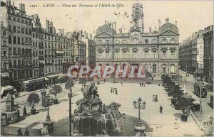 Old Postcard Lyon Place Bellecour and City Tramway Hotel