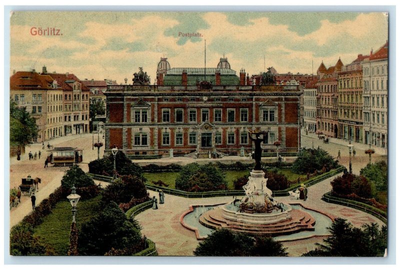 1908 Post Office Gorlitz Germany Monument Fountain Trolley Car Postcard