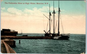 c1913 Moncton NB Petitcodiac River Postcard High Water 3-Mast Schooner Ship Pier