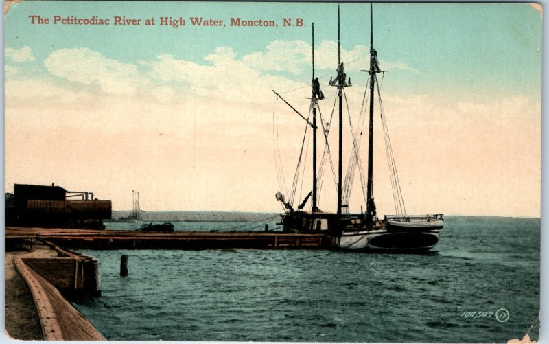 c1913 Moncton NB Petitcodiac River Postcard High Water 3-Mast Schooner Ship Pier