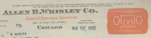 1928 CHICAGO IL ALLEN B WRISLEY CO SOAPS PERFUNES GLYCERINE INVOICE 27-80