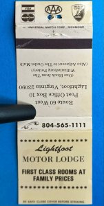 Vintage Matchbook Cover Lightfoot Motor Lodge Lightfoot, Virginia MB163