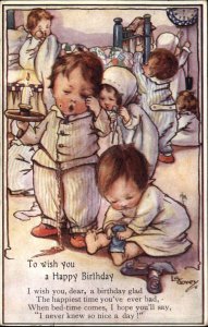 La Govey Birthday Children Toddlers Getting Ready for Bed c1910 Vintage Postcard