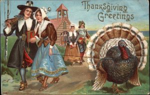 Thanksgiving Pilgrim Man and Woman Turkey Church c1910 Vintage Postcard