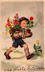 Boy With Flower Pots Vintage Postcard 09.88