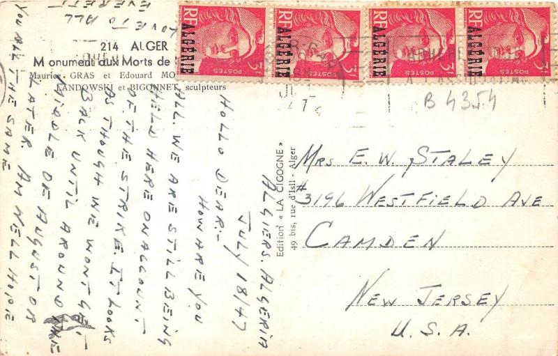 B4354 Algeria Alger Monument aux morts nice stamps 194 front/back scan