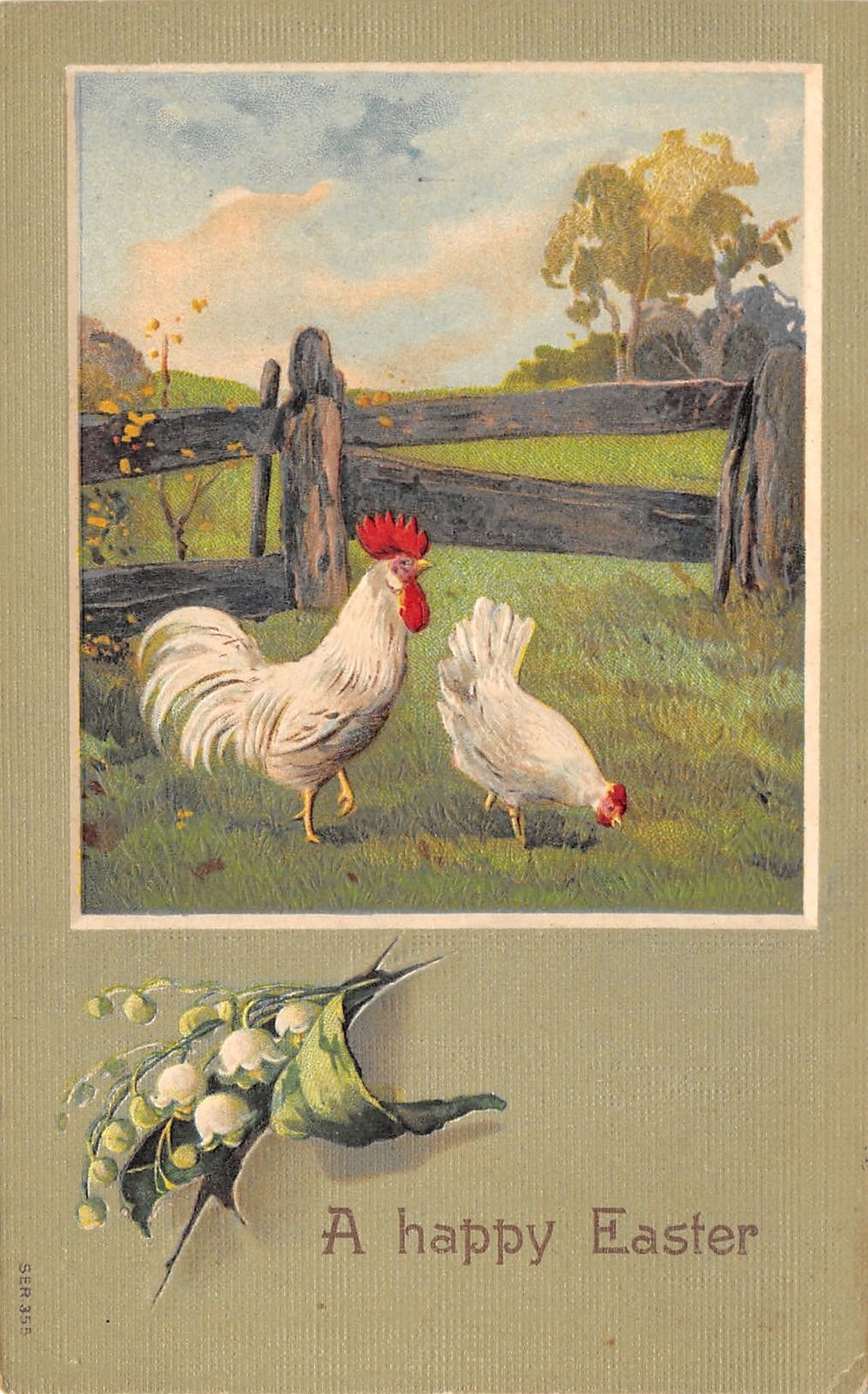 easter white red rooster hen in grass fence lily valley olive back germany sb hippostcard hippostcard
