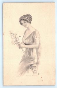 Postcard A/S Archie Gunn Pretty Woman Holding Flowers Pencil Sketch J12