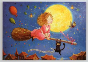 LITTLE GIRL Witch on broomstick Black Cat Moon Night Fantasy Russia New Postcard