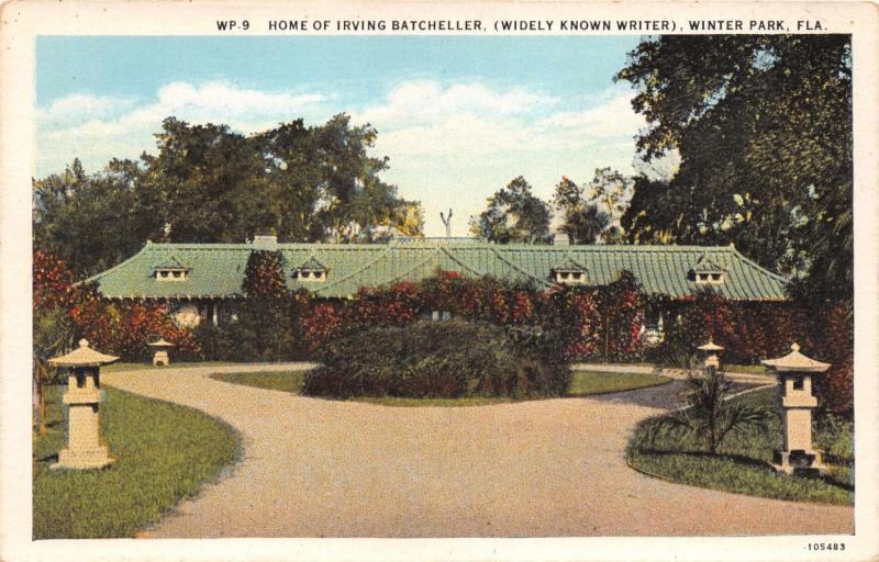 WINTER PARK FLORIDA HOME OF IRVING  BATCHELOR JOURNALIST & WRITER POSTCARD 1920s