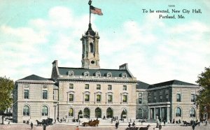 Vintage Postcard 1909 To Be Erected New City Hall Portland Maine Old Cars Horses