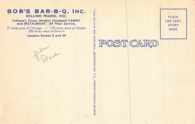 Postcard Bob's Bar-B-Q Motel Cabins & Cabins in Rolling Prairie, Indiana~125807