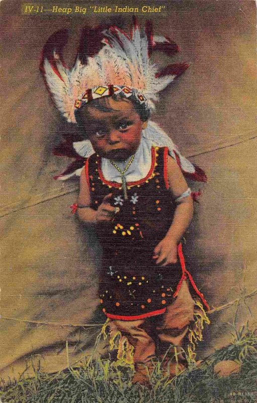 Little Indian Chief Native American Boy linen postcard