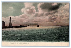 1905 Entrance Harbor Lighthouse Steamer Ship Buffalo New York Vintage Postcard