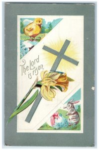 c1910's Easter Silver Cross Egg Flowers Rabbit Baby Chicks Embossed Postcard