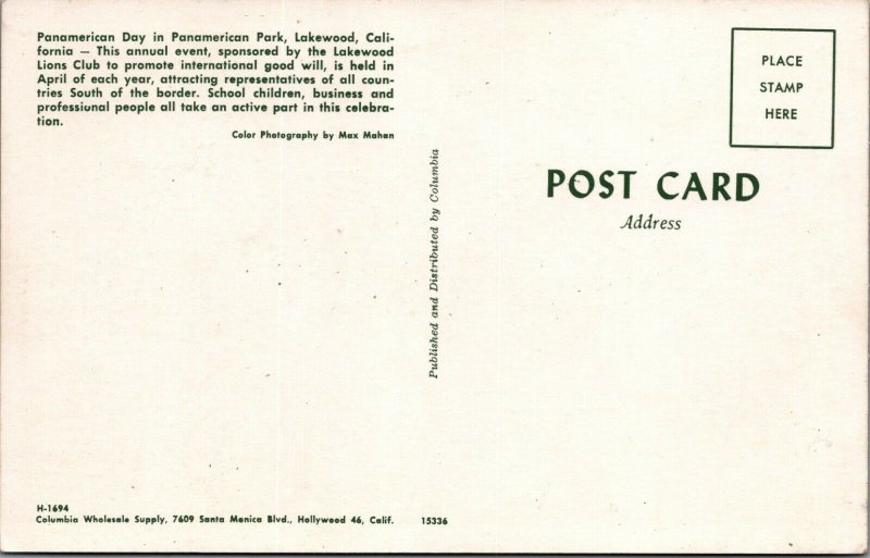 Lakewood California Lions Club April Panamerican Day Park postcard B369 