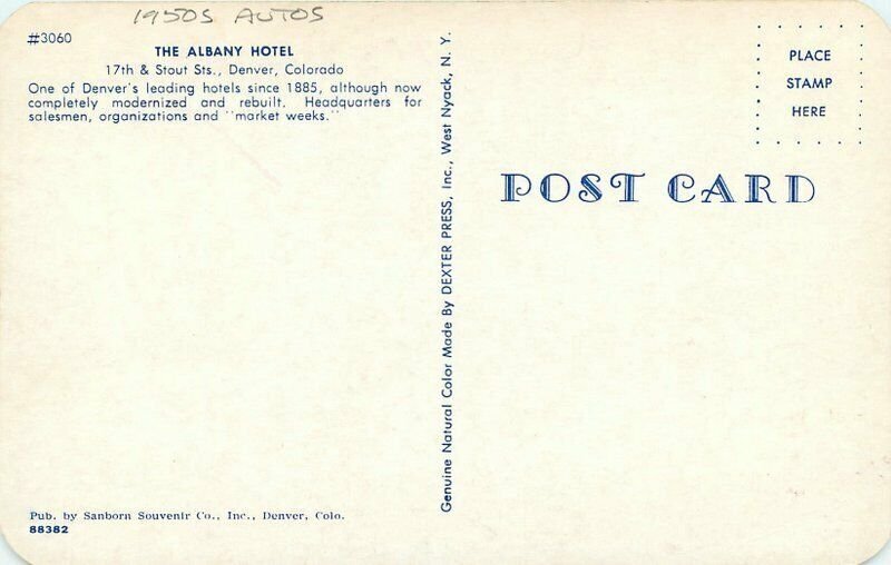 Autos The Albany Hotel Denver Colorado roadside Dexter Sanborn Postcard 21-1325