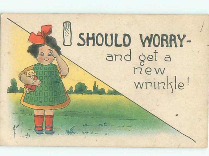 Pre-Linen Comic signed GIRL HOLDING DOLL WORRIES ABOUT GETTING WRINKLES AB9160