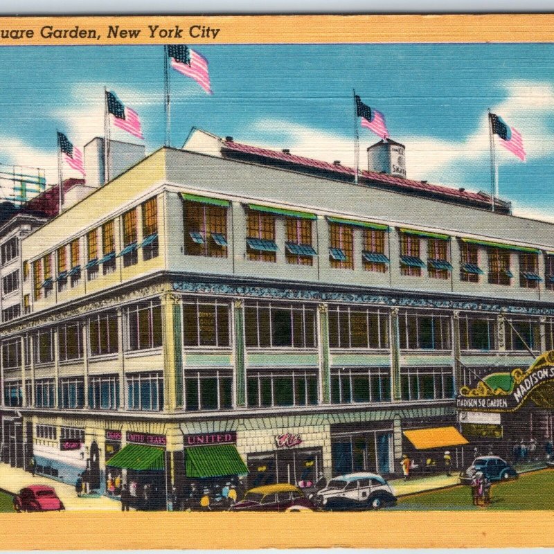 c1940s New York City, NY Madison Square Garden Roadside Street View Cars PC A205