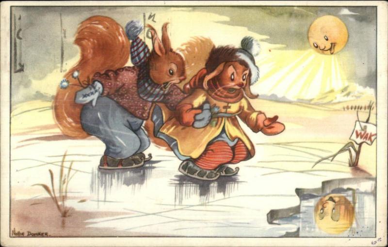 Fantasy Squirrels Ice Skating Nellie Donker Dutch Postcard