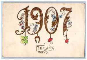 Puerto Rico PR Postcard New Year 1907 Large Numbers Horseshoe Mushroom Lady Bug