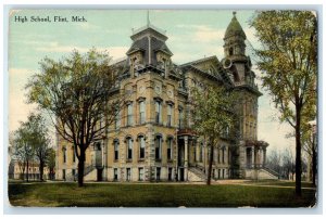 1910 High School Building Exterior Trees Scene Flint Michigan MI Posted Postcard
