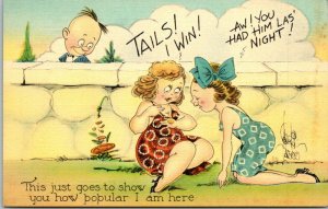 Vintage Linen Postcard Woman Compete for a Man UNUSED Good Coloring