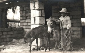 Vintage Postcard 1900's Charming Barefoot Mexican Boy & His Burros RPPC Mexico