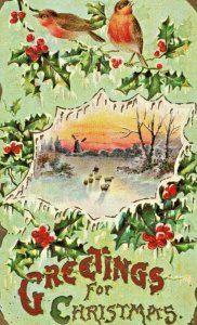 c.1910 Embossed Christmas Robin Bird Sheep Shepherd Windmill Vtg Postcard